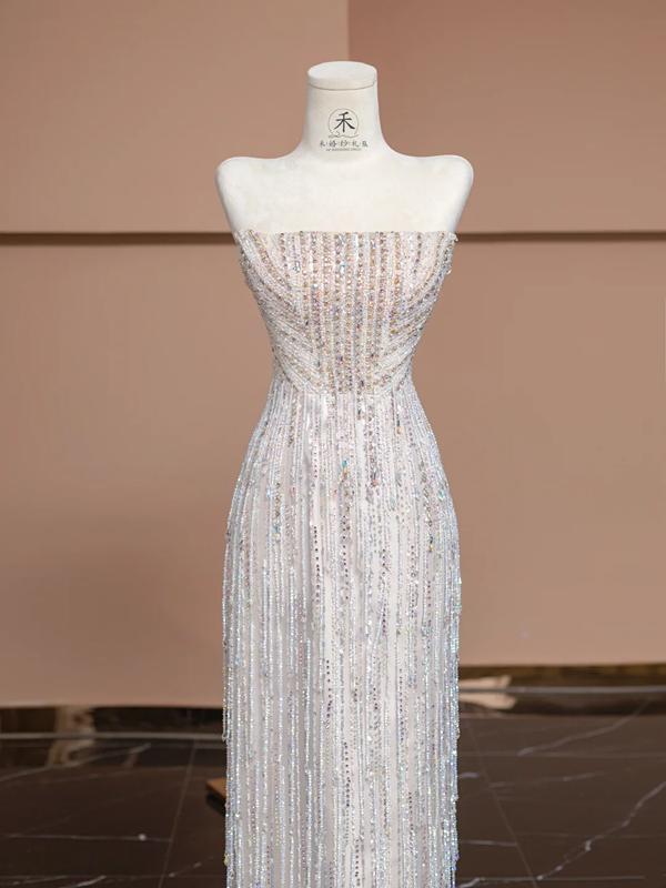Light-colored strapless rhinestone-embellished fitted long elegant ball gown, bridal dress R8329