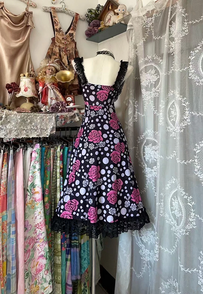 Retro print halter-neck fitted polka dot midi ball gown R7817