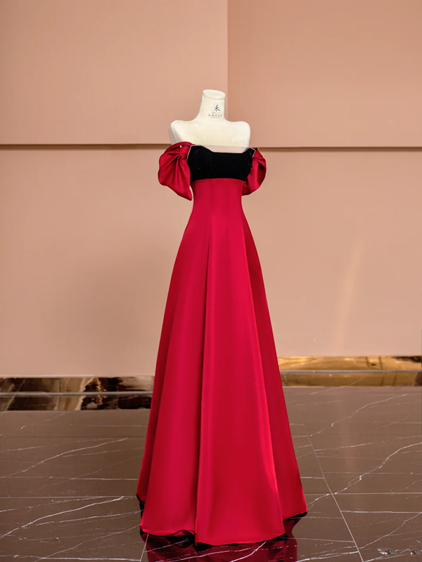Red off-the-shoulder fitted A-line long ball gown R8416