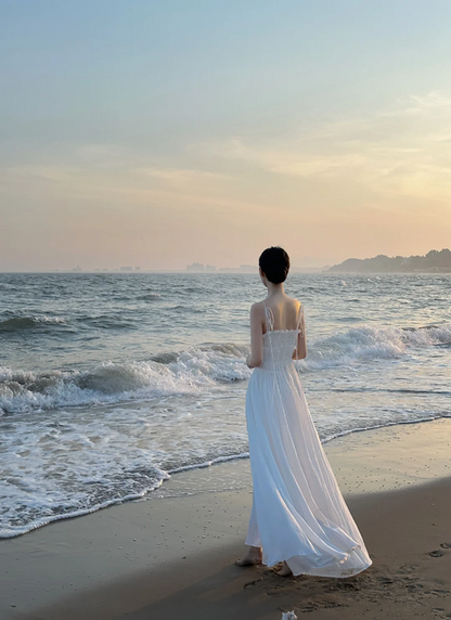 White spaghetti‑strap waist‑cinched long elegant prom gown R8016