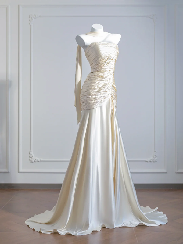 Light apricot strapless, fitted, pleated long ball gown R8271