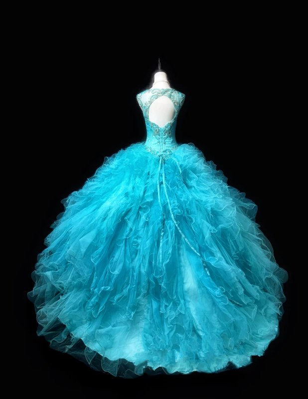 Light blue halter-neck fitted long ball gown with a flared skirt R8694