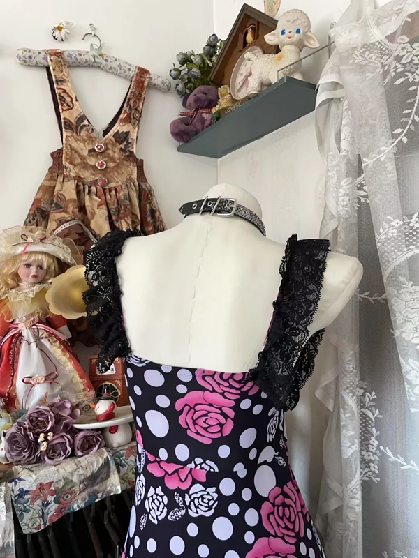 Retro print halter-neck fitted polka dot midi ball gown R7817