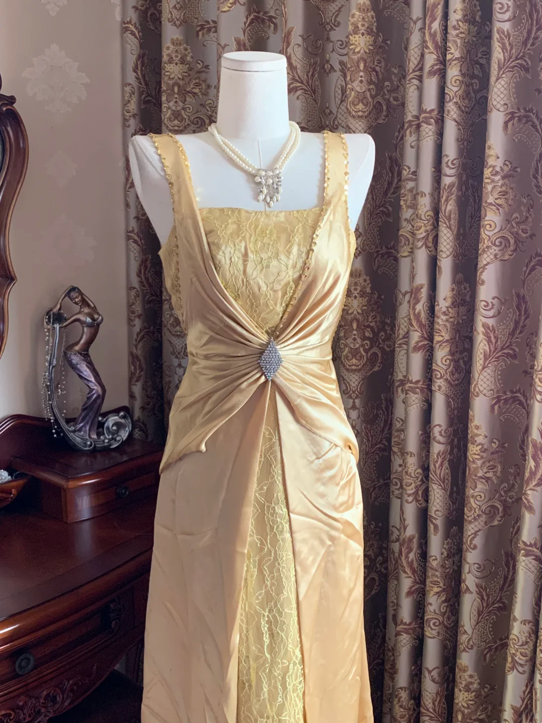 Gold Spaghetti Strap Square Neck Fitted Waist Slim Elegant Prom Dress, Evening Ball Gown gh7287