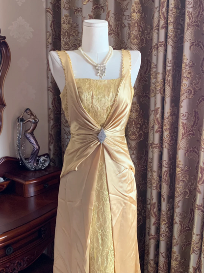 Gold Spaghetti Strap Square Neck Fitted Waist Slim Elegant Prom Dress, Evening Ball Gown gh7287