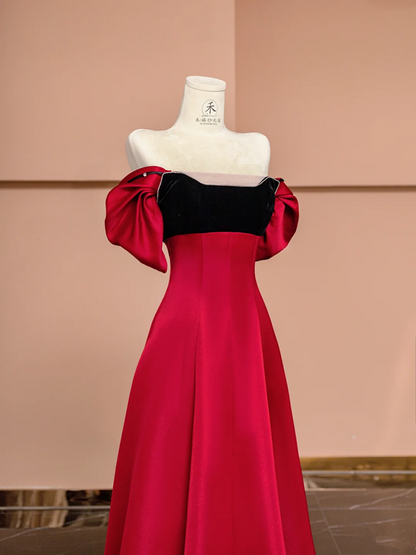 Red off-the-shoulder fitted A-line long ball gown R8416