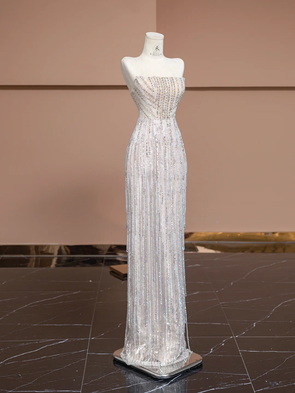 Light-colored strapless rhinestone-embellished fitted long elegant ball gown, bridal dress R8329