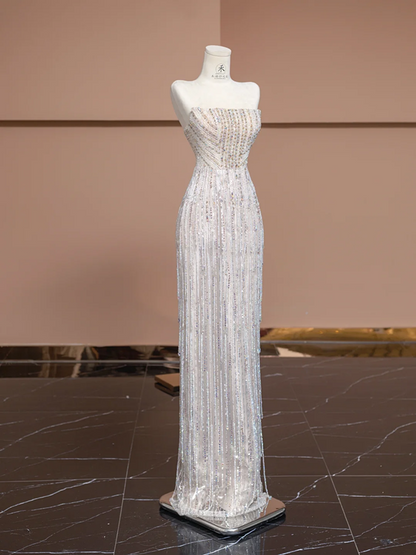Light-colored strapless rhinestone-embellished fitted long elegant ball gown, bridal dress R8329
