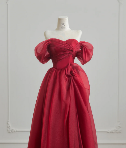 Red off-the-shoulder fitted waist ball gown with a full skirt R8215