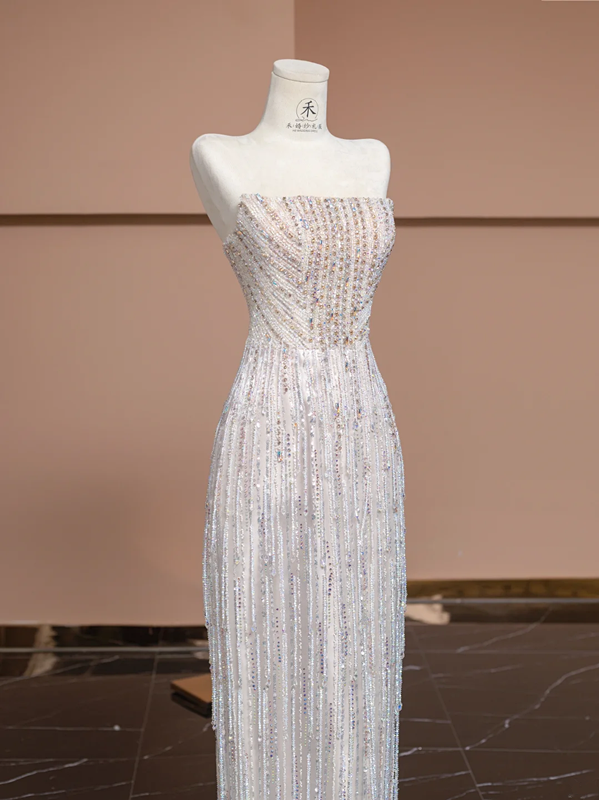 Light-colored strapless rhinestone-embellished fitted long elegant ball gown, bridal dress R8329