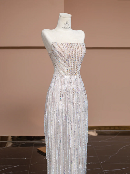 Light-colored strapless rhinestone-embellished fitted long elegant ball gown, bridal dress R8329