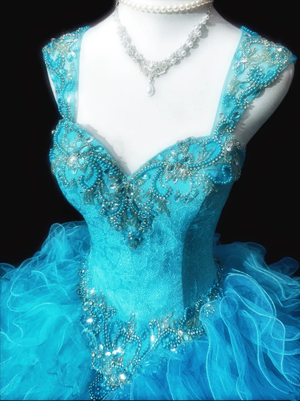 Light blue halter-neck fitted long ball gown with a flared skirt R8694