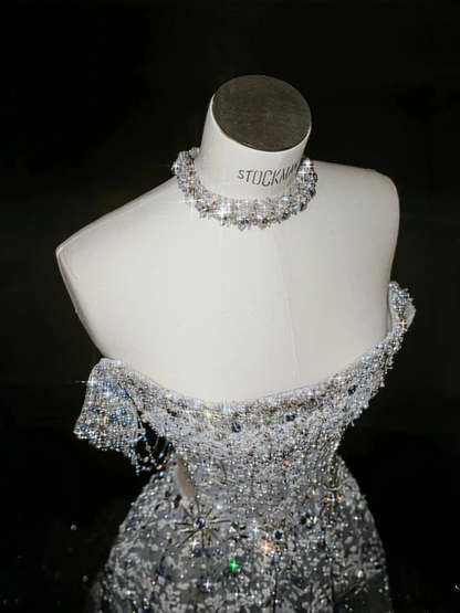 White one-shoulder diamond slim waist A-line elegant long skirt, prom dress R5640