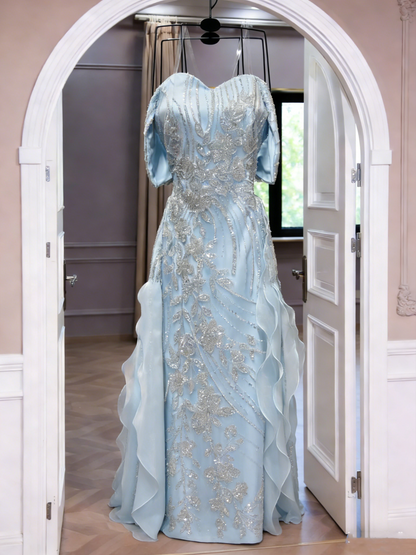 Elegant Off The Shoulder Blue Organza Ruffles Sequin Beaded Mermaid Evening Dress Long Birthday Prom Dress SP1730