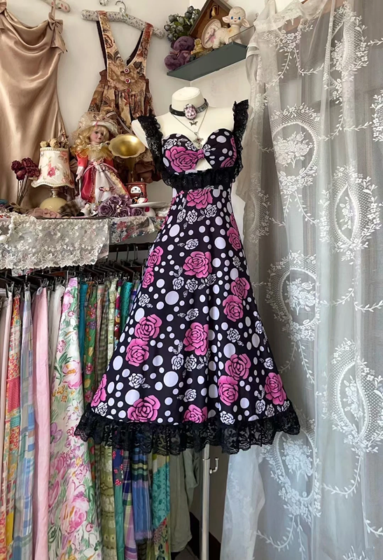 Retro print halter-neck fitted polka dot midi ball gown R7817