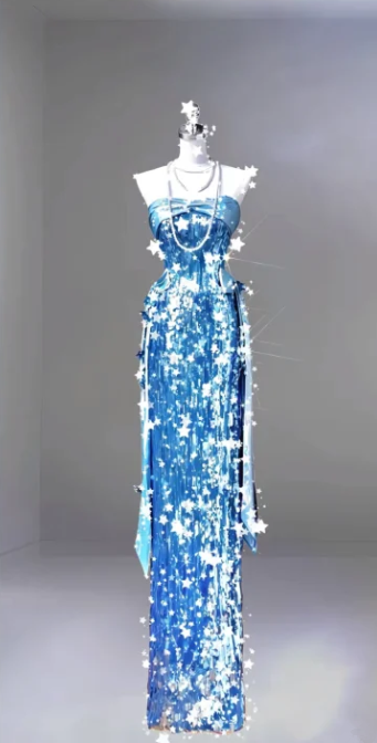 Blue Strapless Sequin-Embellished Waist-Cinched Slim-Fit Long Ball Gown R7149