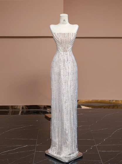 Light-colored strapless rhinestone-embellished fitted long elegant ball gown, bridal dress R8329