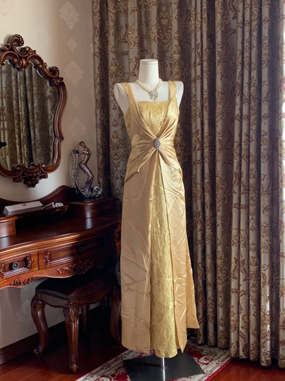 Gold Spaghetti Strap Square Neck Fitted Waist Slim Elegant Prom Dress, Evening Ball Gown gh7287