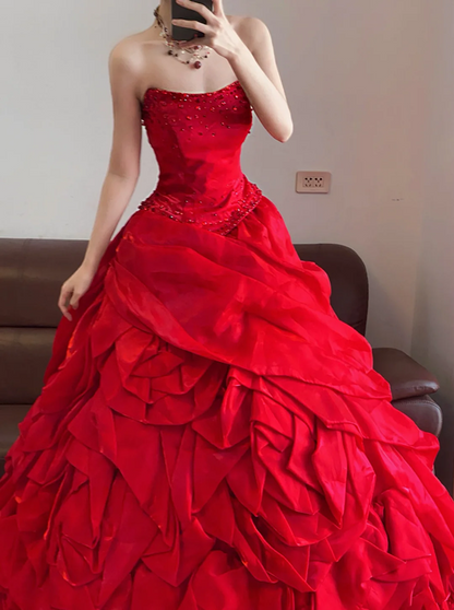 Red Strapless Waist-Cinched Puff-Skirt Ball Gown & Bridal Gown R7392