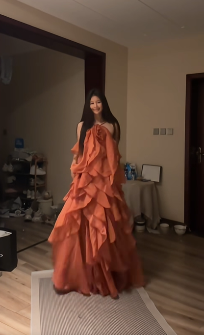 Orange halter-neck long puffy sexy ball gown R8074