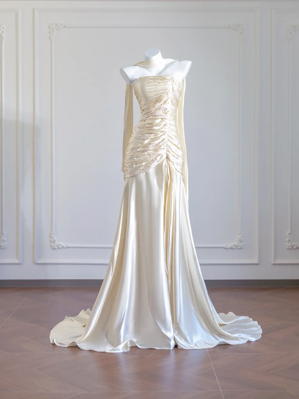 Light apricot strapless, fitted, pleated long ball gown R8271