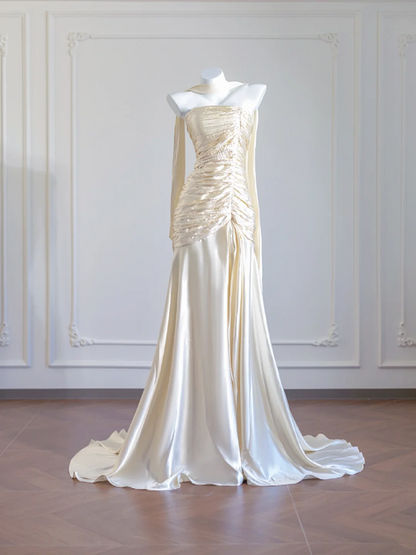 Light apricot strapless, fitted, pleated long ball gown R8271