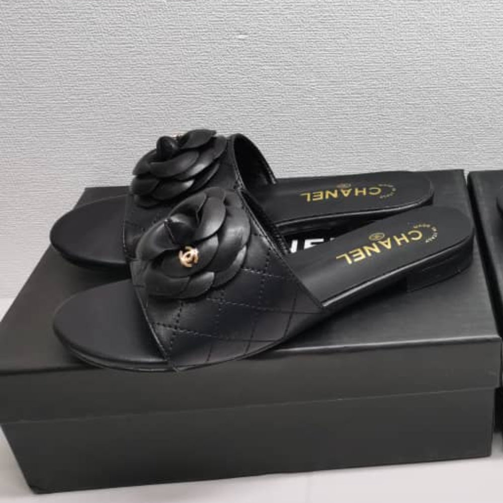 Chanel Camellia Leather Slides Black