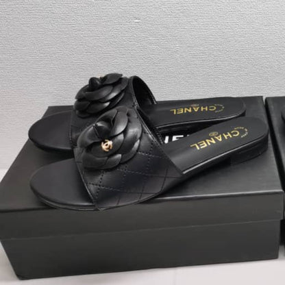 Chanel Camellia Leather Slides Black