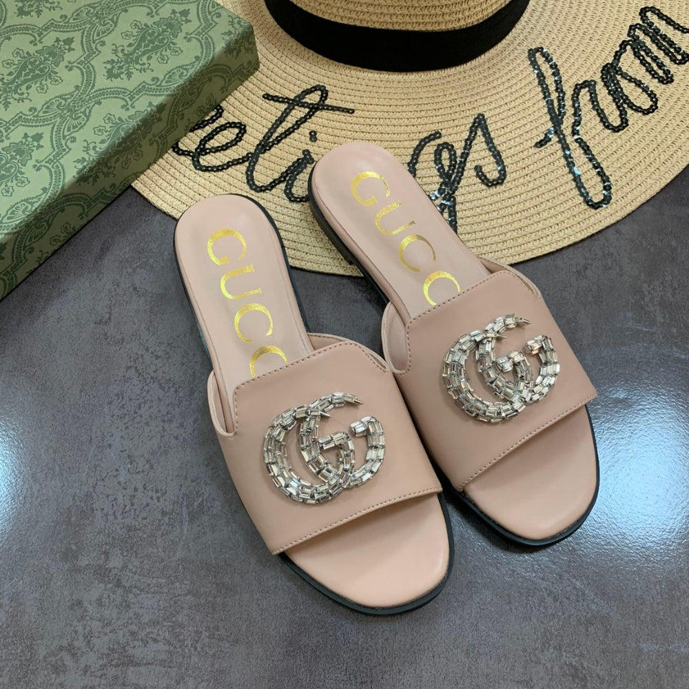 Gucci Double G Slippers Leather Beaded In Beige