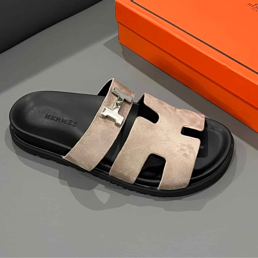 Hermes Chypre Sandal Suede H Logo Silver Hardware Light Brown