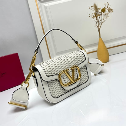 VALENTINO GARAVANI ALLTIME VLOGO WOVEN LEATHER SHOULDER BAG WHITE 22CM