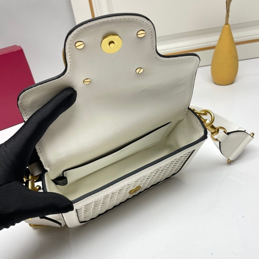 VALENTINO GARAVANI ALLTIME VLOGO WOVEN LEATHER SHOULDER BAG WHITE 22CM