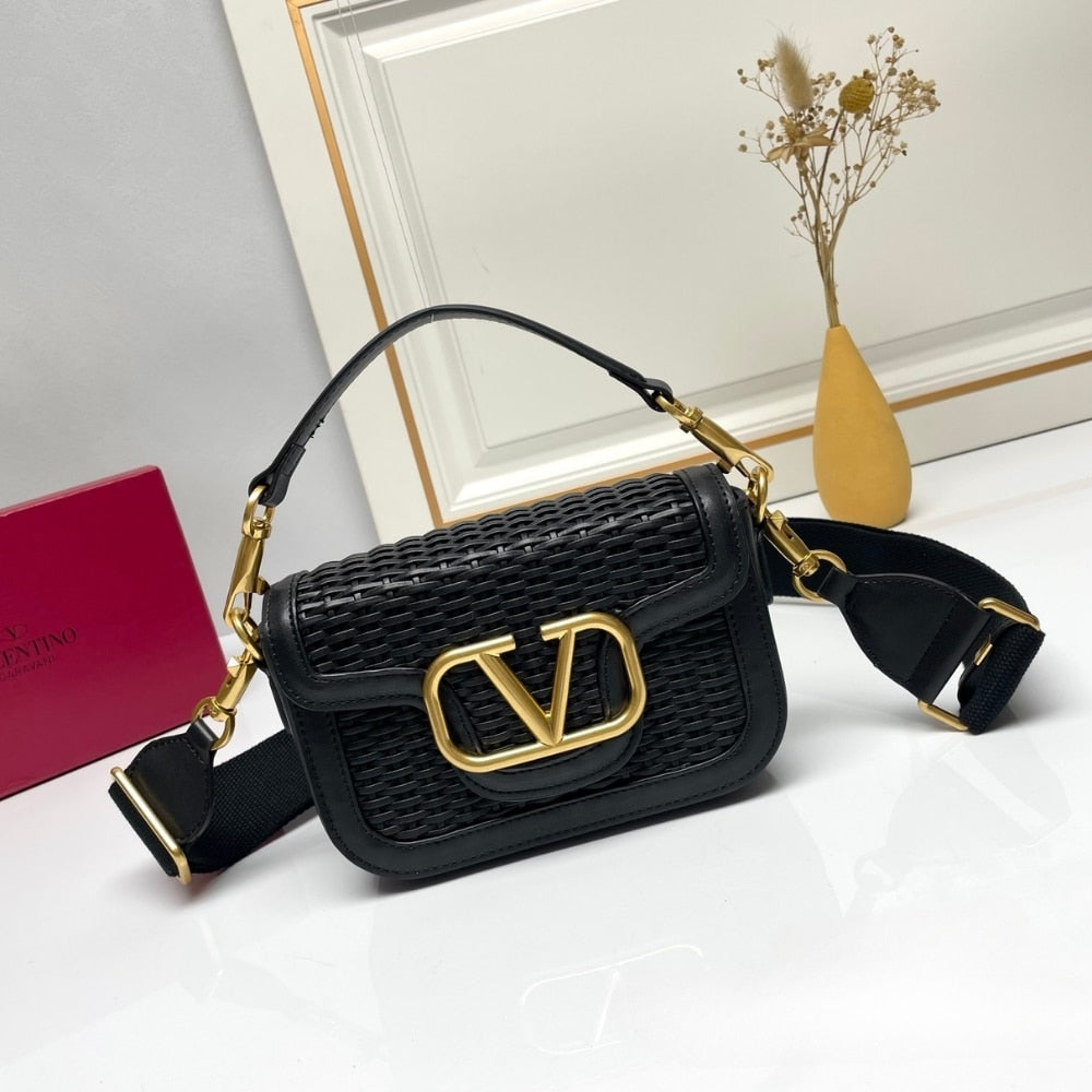 VALENTINO GARAVANI ALLTIME WOVEN LEATHER SHOULDER BAG BLACK 22CM