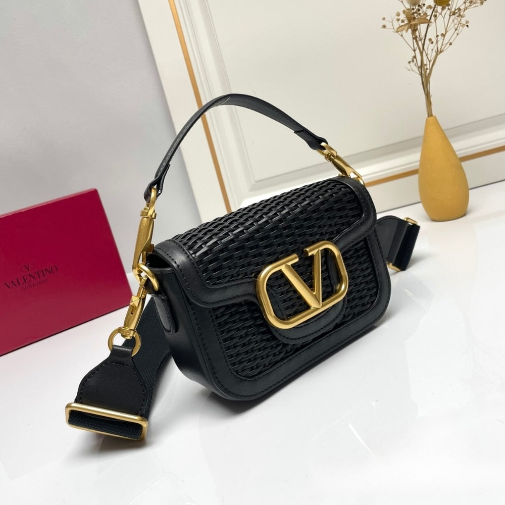 VALENTINO GARAVANI ALLTIME WOVEN LEATHER SHOULDER BAG BLACK 22CM