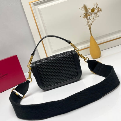 VALENTINO GARAVANI ALLTIME WOVEN LEATHER SHOULDER BAG BLACK 22CM