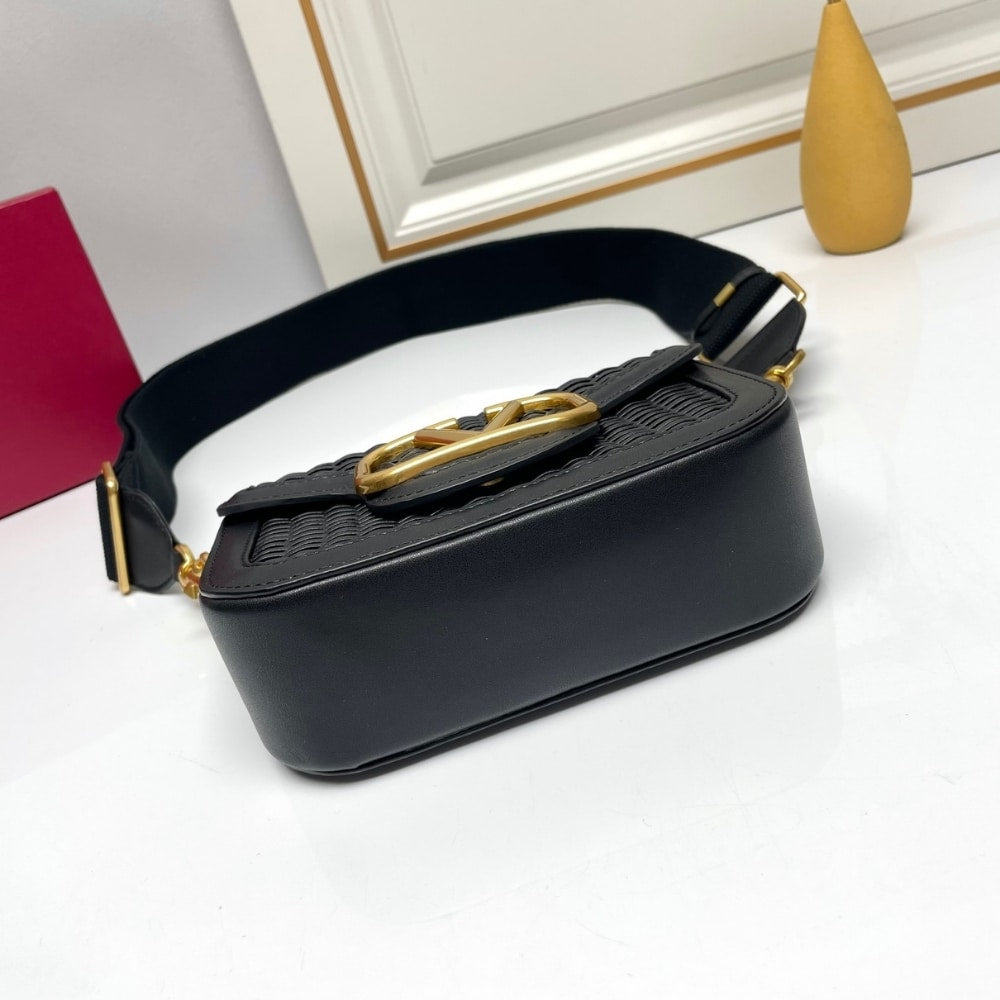 VALENTINO GARAVANI ALLTIME WOVEN LEATHER SHOULDER BAG BLACK 22CM