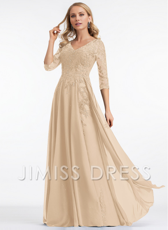 A-line V-neck floor mopping lace chiffon with sequins, mother of the bride dress