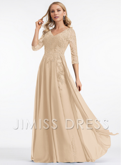 A-line V-neck floor mopping lace chiffon with sequins, mother of the bride dress