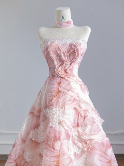 Light pink rose print strapless A-line ball gown/bridal dress with a cinched waist and full skirt R8272