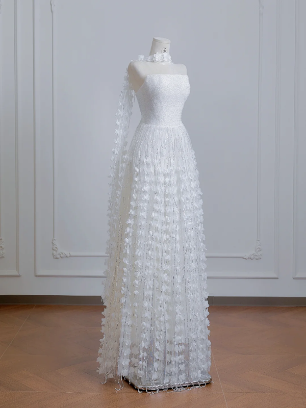 White strapless, heavily embellished, fitted long ball gown R8216
