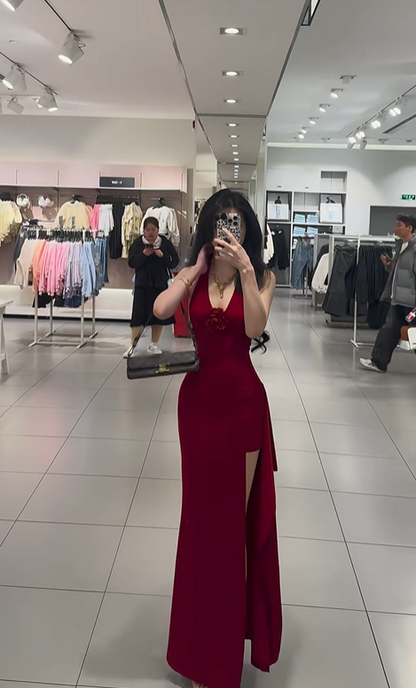 Red halter-neck, fitted waist, and slit long ball gown - sexy and charming R7778