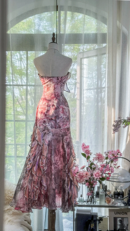 Light pink floral print strapless fitted long ball gown R7666