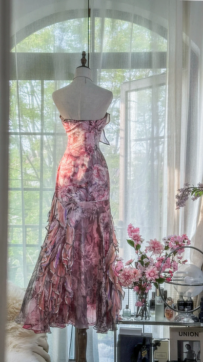 Light pink floral print strapless fitted long ball gown R7666