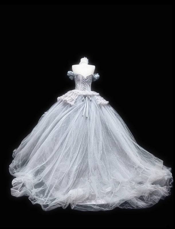 Light gray off-shoulder fitted waist slim-fitting ball gown with a full skirt R8695