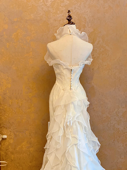 White Halter Neck Waist-Cinched Slim-Fit Sexy Floor-Length Ball Gown, Bridal Gown R7357