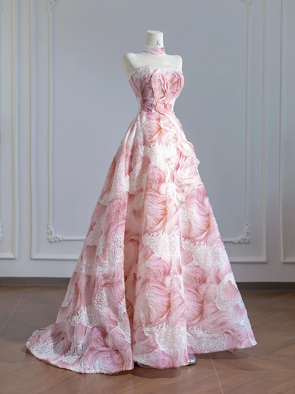 Light pink rose print strapless A-line ball gown/bridal dress with a cinched waist and full skirt R8272