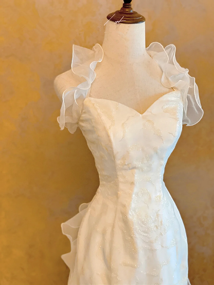White Halter Neck Waist-Cinched Slim-Fit Sexy Floor-Length Ball Gown, Bridal Gown R7357