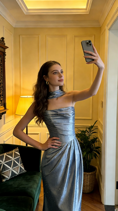Gray-blue strapless fitted satin long ball gown R8574