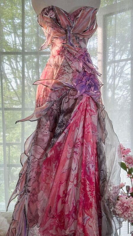 Light pink floral print strapless fitted long ball gown R7666