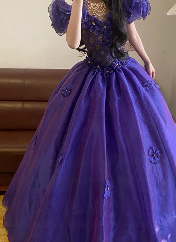 Purple V-neck Waist-Cinched Puff-Skirt Ball Gown & Bridal Gown R7393